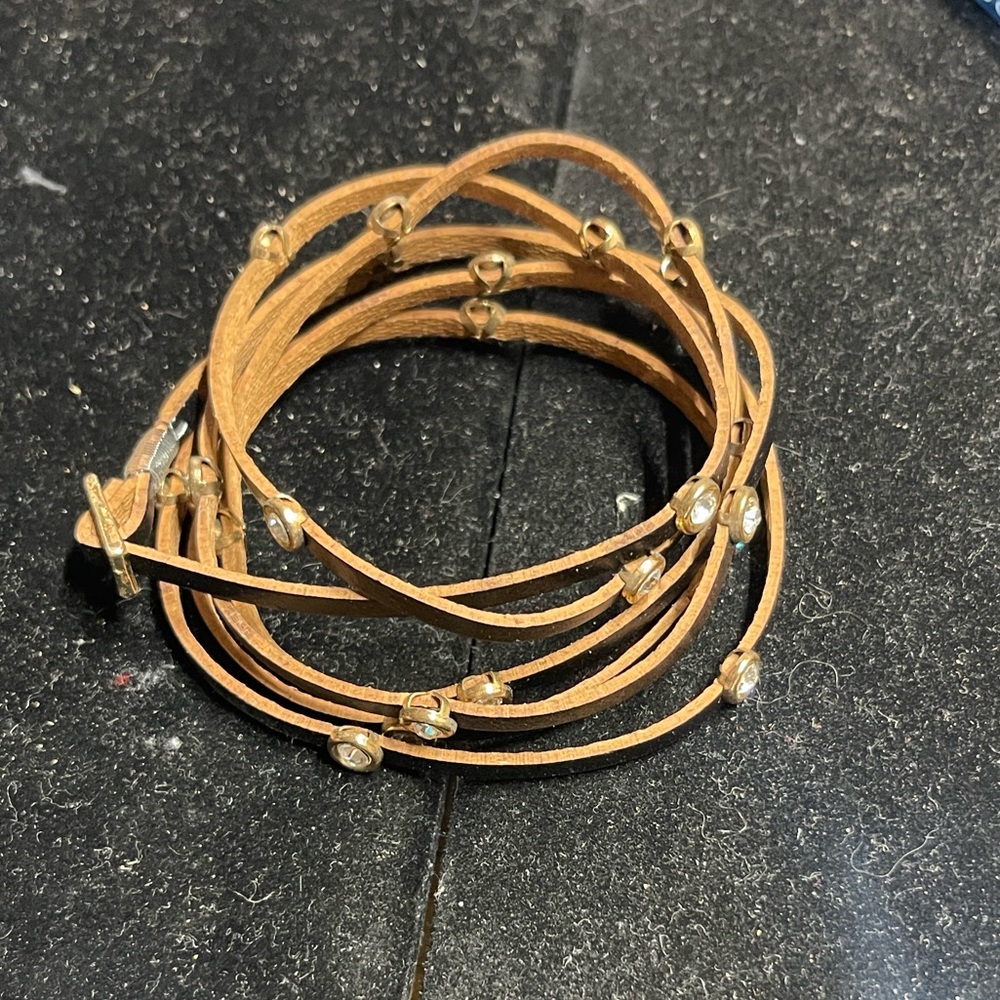 Dark Brown Leather Featuring Gold Tone Mount Embellished Wrap A Round Bracelet.